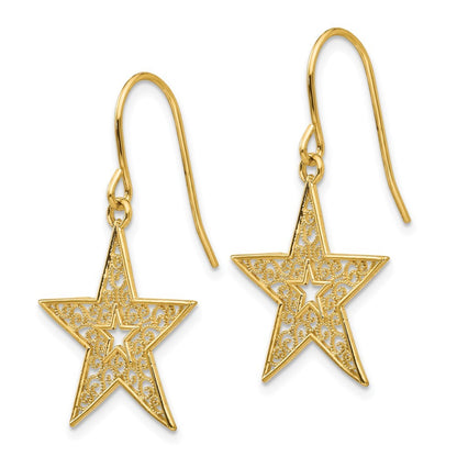 14k Yellow Gold Filigree Star Drop Dangle Earrings w/ Shepherd Hook