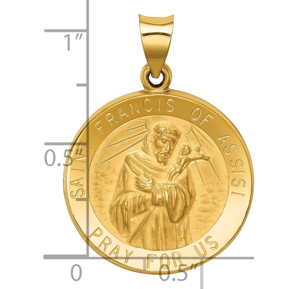 14k Yellow Gold Polished and Satin St Francis of Assisi Medal Hollow Pendant