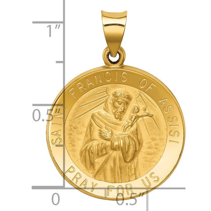 14k Yellow Gold Polished and Satin St Francis of Assisi Medal Hollow Pendant