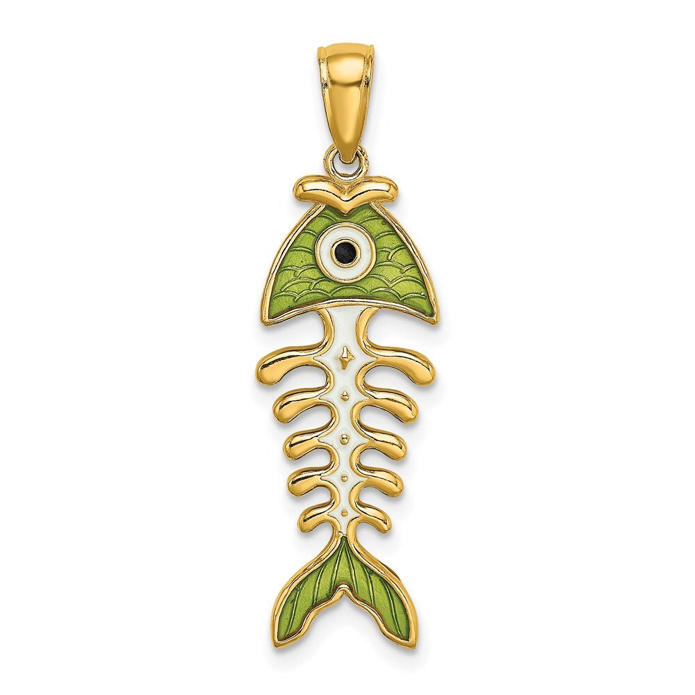 14k Yellow Gold 3D Green Enamel Fish Bone Charm