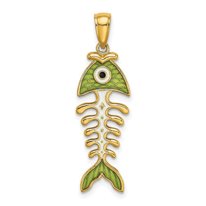 14k Yellow Gold 3D Green Enamel Fish Bone Charm