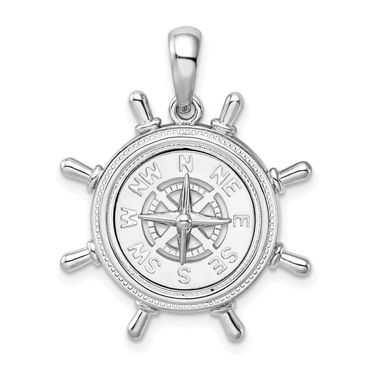 Sterling Silver Rhodium-Plated Polished Ships Wheel with Compass Pendant