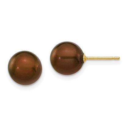 14k Yellow Gold 8-9mm Brown Round Freshwater Cultured Pearl Stud Earrings