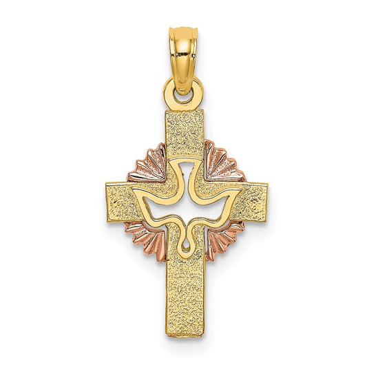 14k Two-tone Gold Cut-Out Dove On Cross Charm Pendant for Women