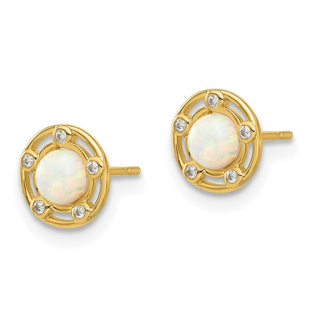 14k Yellow Gold Polished Created Opal and CZ Earrings