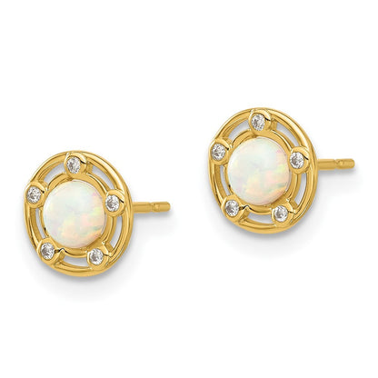 14k Yellow Gold Polished Created Opal and CZ Earrings