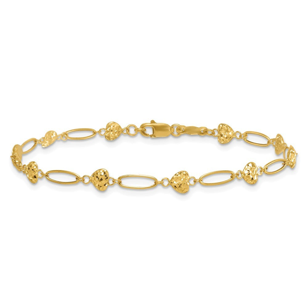 14k Yellow Gold Polished Oval Links with Diamond-cut Puffed Hearts 7.5" Bracelet