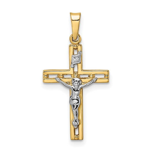 14k Two-tone Gold Polished Solid INRI Crucifix Pendant for Women