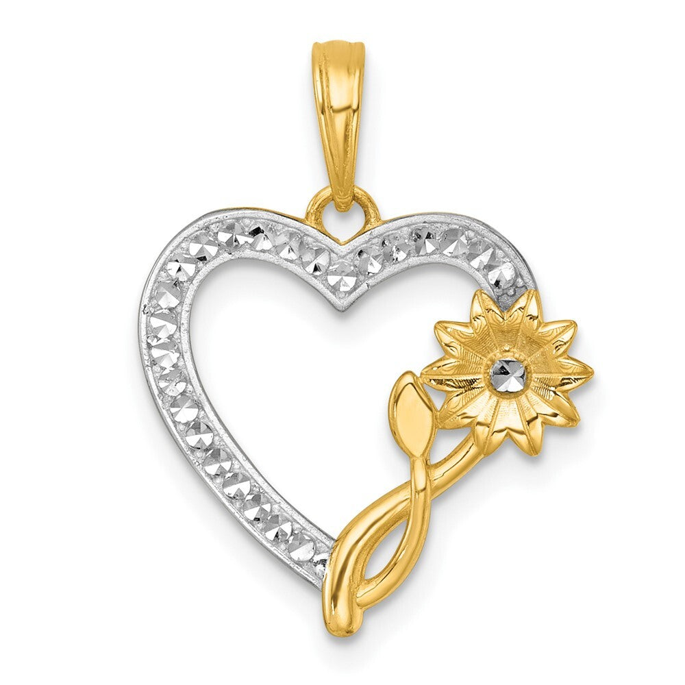 14k Yellow Gold with White Rhodium Polished Flower On Heart Charm Pendant