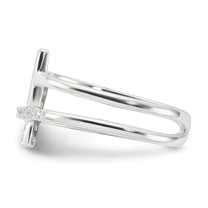 Sterling Silver E-coated CZ Cross Open Back Ring Size 6
