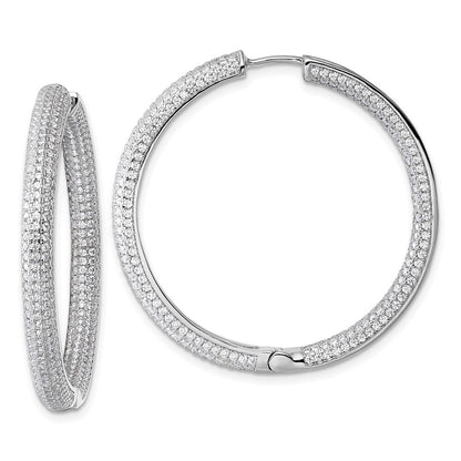 Sterling Silver In and Out Cubic Zirconia Pave Hinged Hoop Earrings