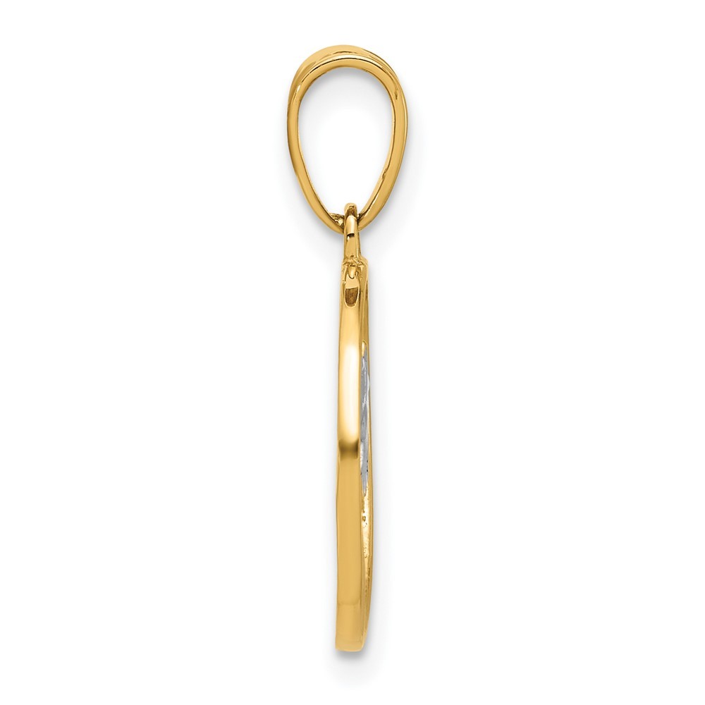 14k Yellow Gold with White Rhodium Ocean and Palm Tree Round Pendant