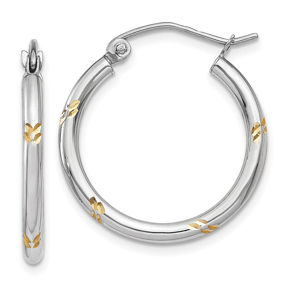 14k White Gold and Yellow Rhodium Diamond-Cut Hoop Earrings Gift for Women
