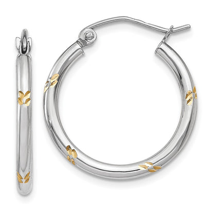 14k White Gold and Yellow Rhodium Diamond-Cut Hoop Earrings Gift for Women