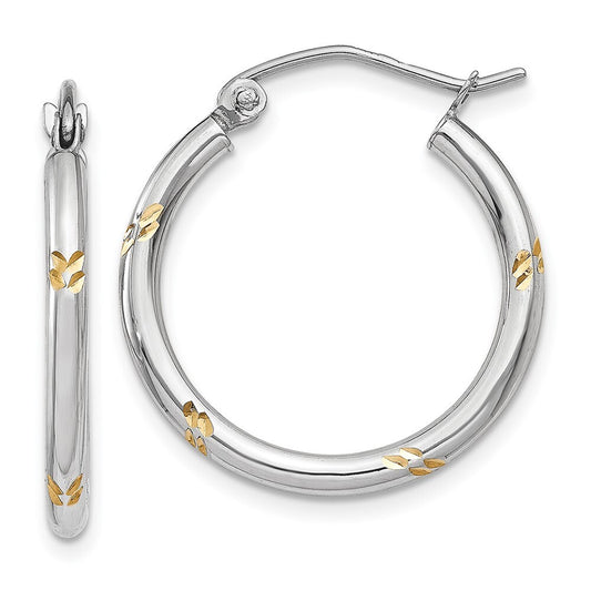 14k White Gold and Yellow Rhodium Diamond-Cut Hoop Earrings Gift for Women