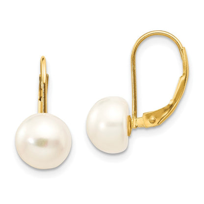 14k Yellow Gold 8-9mm White Button Freshwater Cultured Pearl Leverback Earrings