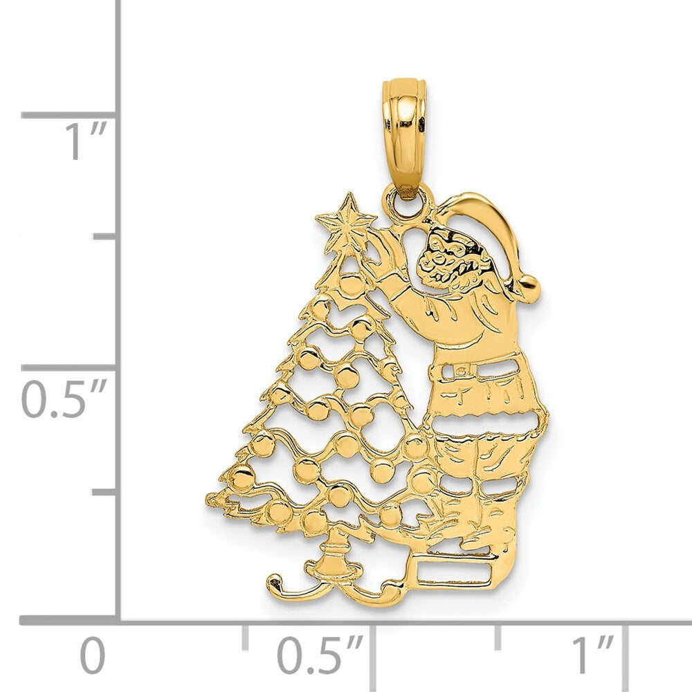 14k Yellow Gold Polished Christmas Tree and Santa Charm Pendant for Women