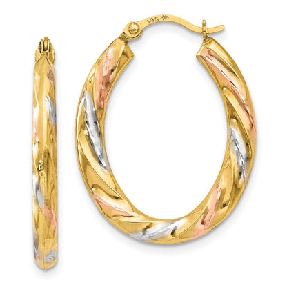 14k Yellow Gold & White & Rose Rhodium Oval Hollow Scallop Hoop Earrings