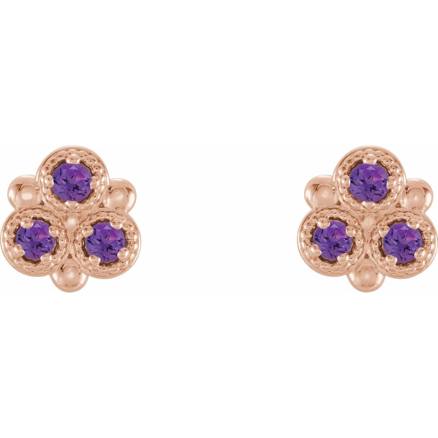 14k Rose Gold Natural Amethyst Three-Stone Stud Earrings Fine Jewelry for Women