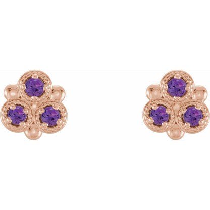 14k Rose Gold Natural Amethyst Three-Stone Stud Earrings Fine Jewelry for Women