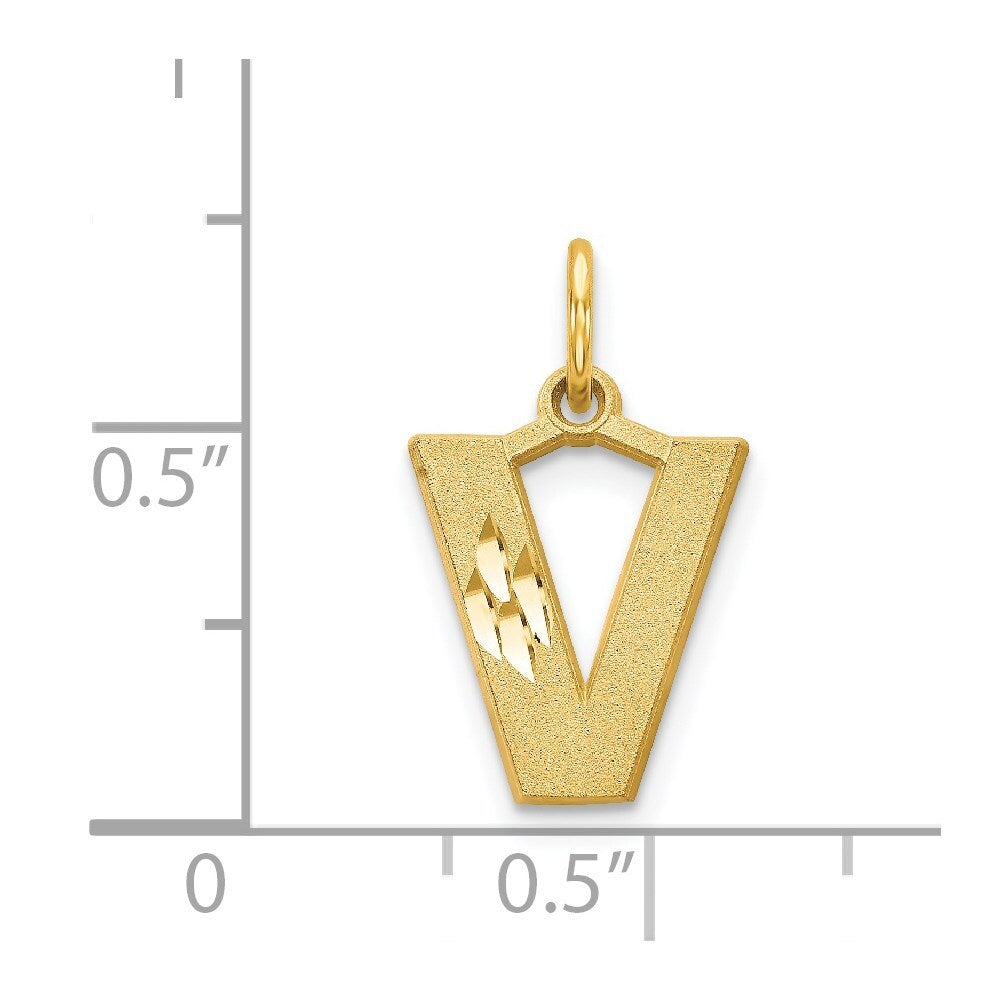14k Yellow Gold Satin Diamond-cut Letter V Initial Charm Pendant for Women