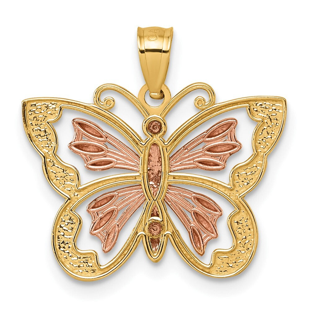 14k Two-tone Gold with White Rhodium Diamond-Cut Polished Butterfly Pendant