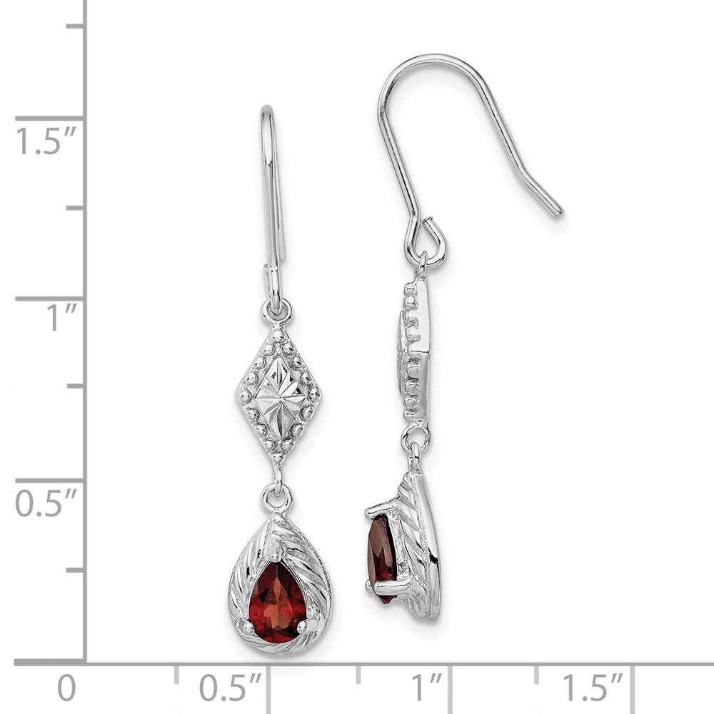 Sterling Silver Diamond-cut Textured Red Cubic Zirconia Teardrop Dangle Earrings
