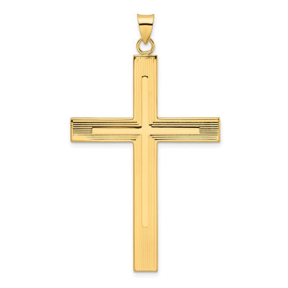 14k Yellow Gold Polished and Line Design Solid Cross Pendant