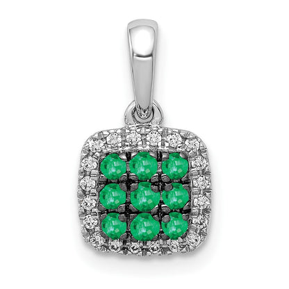 14k White Gold Diamond and .19 Emerald Square Halo Pendant for Women