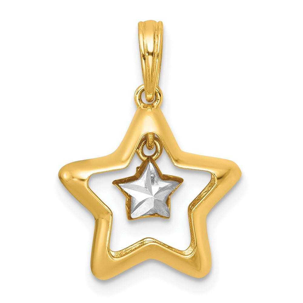 14k Yellow Gold with White Rhodium Polished Star In Star Dangle Charm Pendant