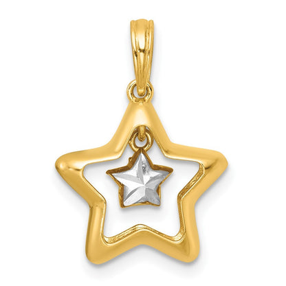 14k Yellow Gold with White Rhodium Polished Star In Star Dangle Charm Pendant