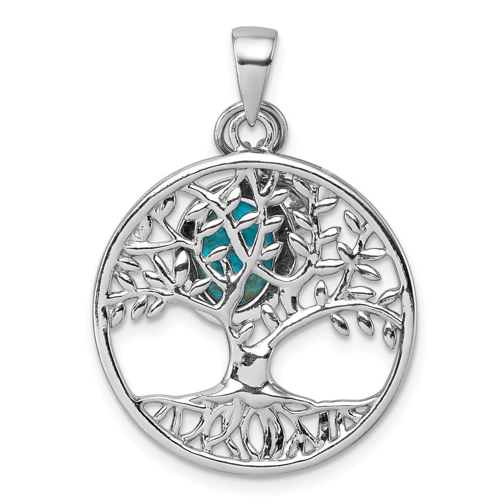 Sterling Silver Polished CZ & Compressed Turquoise Cabochon Tree of Life Pendant