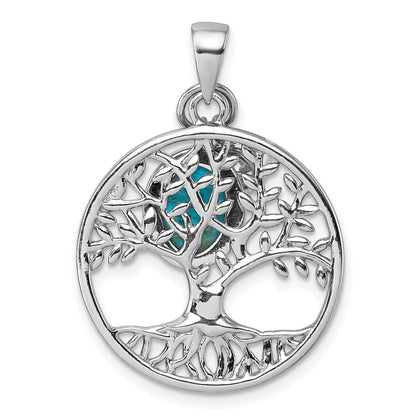 Sterling Silver Polished CZ & Compressed Turquoise Cabochon Tree of Life Pendant