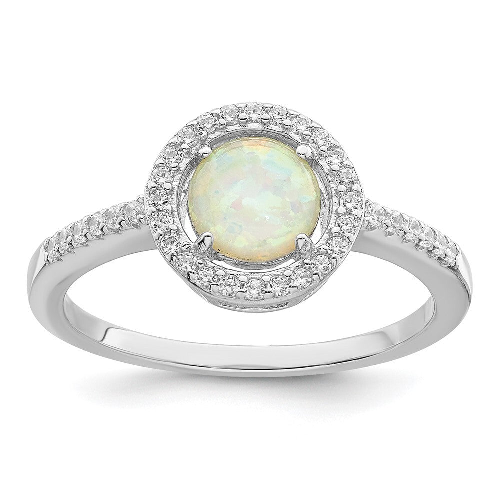 Sterling Silver Rhodium-plated Polished White Created Opal CZ Halo Ring Size 6