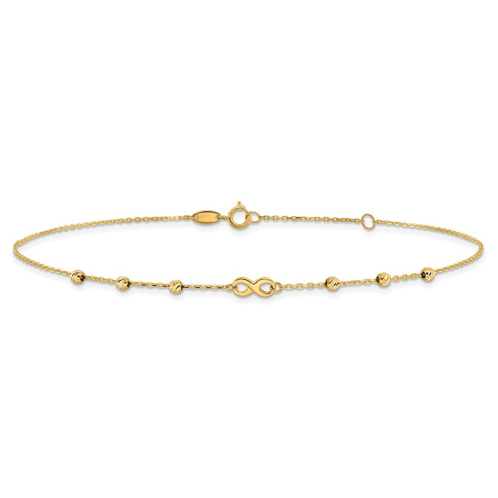 14k Yellow Gold Infinity Symbol and Diamond-cut Beads 11" Anklet