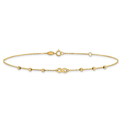 14k Yellow Gold Infinity Symbol and Diamond-cut Beads 11" Anklet