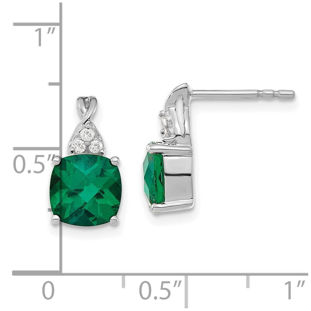 14K White Gold Checkerboard Created Emerald and Diamond Drop & Dangle Earrings