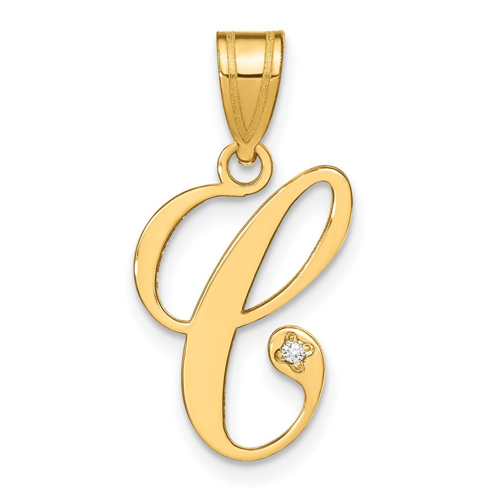 14k Yellow Gold Script Letter C Initial Pendant with Diamond for Women