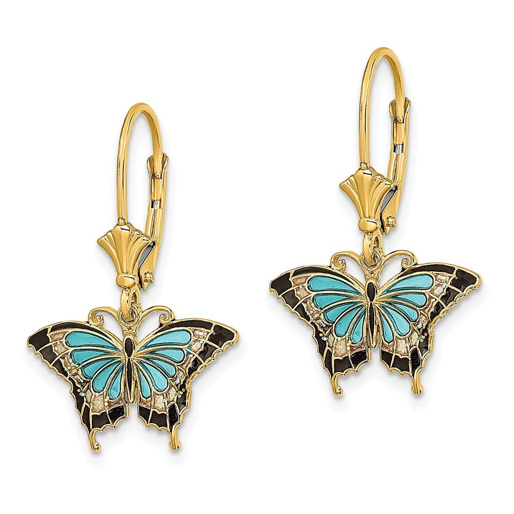 14k Yellow Gold w/Aqua Enameled Wings Butterfly Drop Dangle Earrings