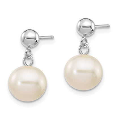 14k White Gold 8-8.5mm White Round Freshwater Cultured Pearl Dangle Earrings