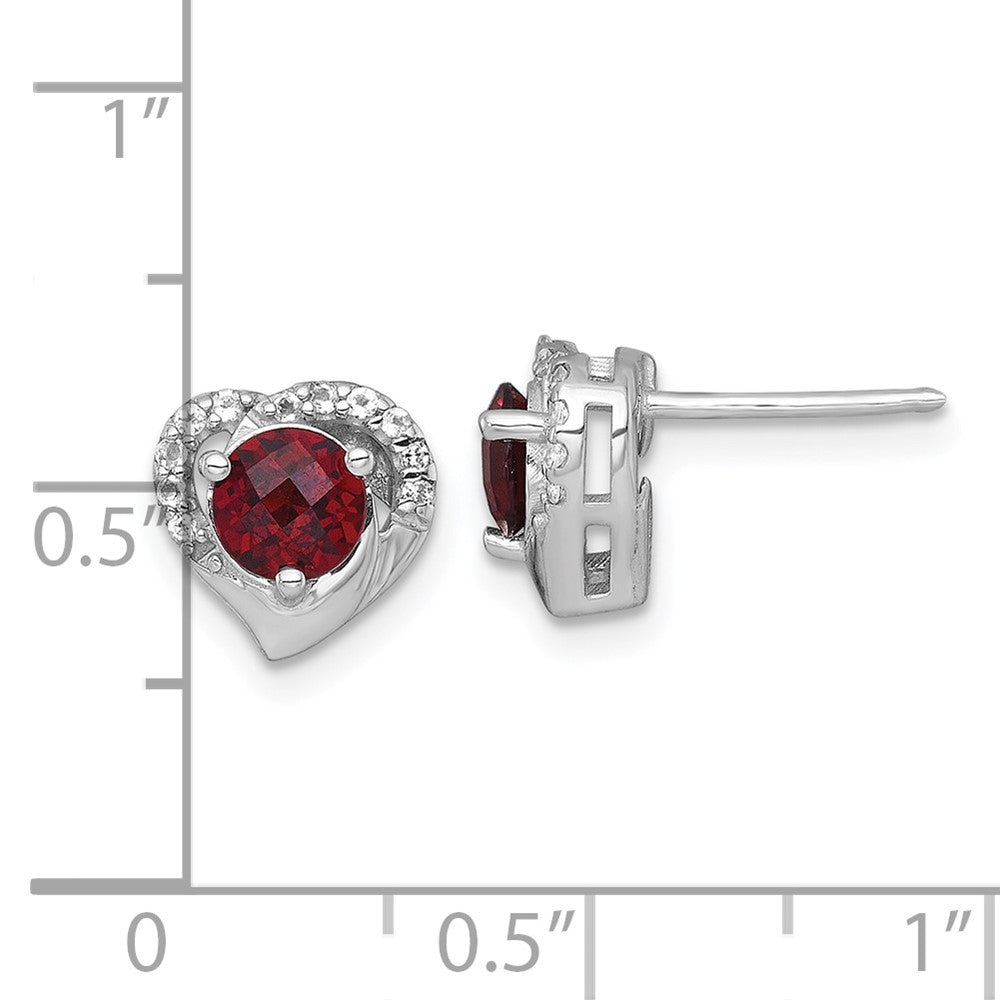 Sterling Silver Rhodium-plated Polished Garnet and White Topaz Heart Earrings
