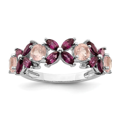 Sterling Silver Rhodium-plated Rose Quartz & Rhodolite Ring Size 8