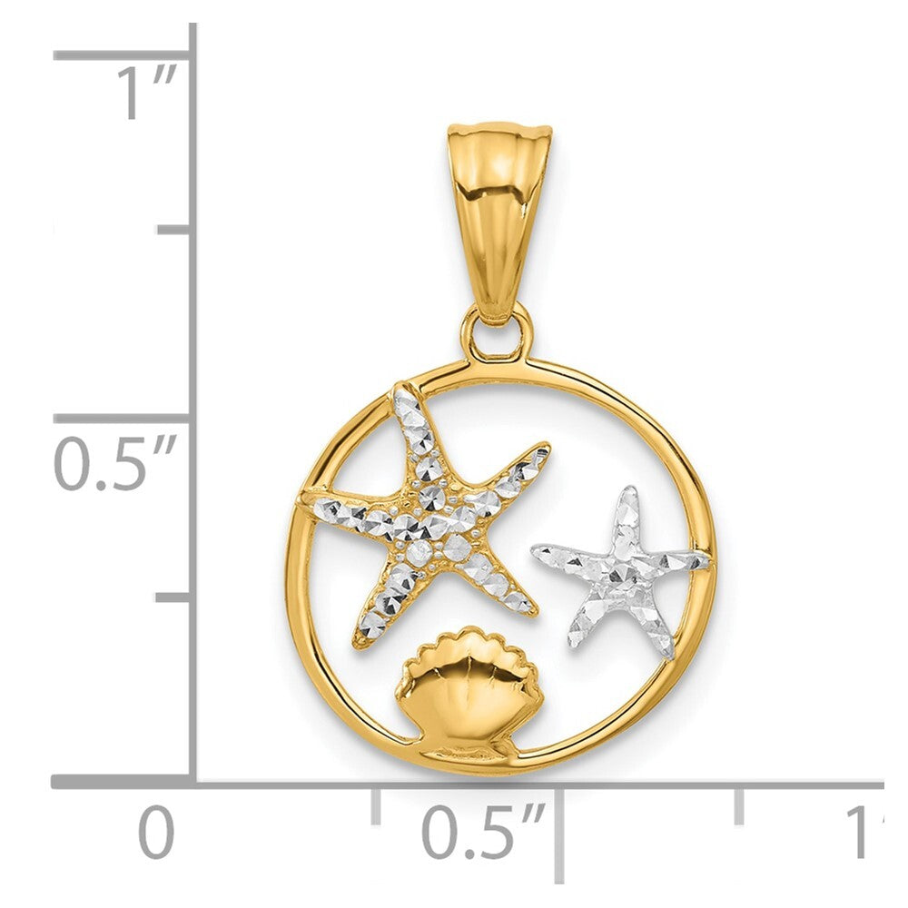 14k Yellow Gold White Rhodium Diamond Cut Starfish Seashell in Circle Pendant