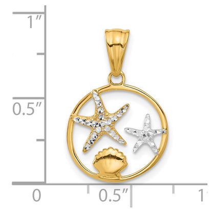 14k Yellow Gold White Rhodium Diamond Cut Starfish Seashell in Circle Pendant