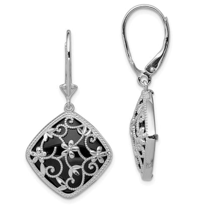 Sterling Silver Filigree Floral Diamond Cut Diamond Shape Onyx Dangle Earrings