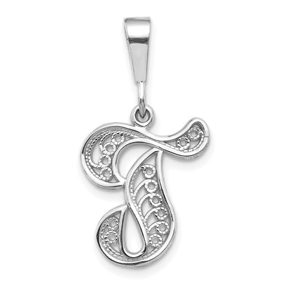 14k White Gold Solid Polished Script Filigree Letter T Initial Pendant for Women