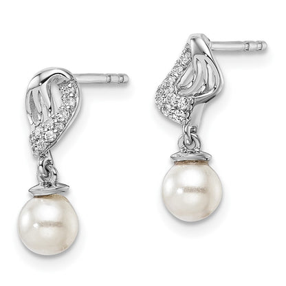 14K White Gold Polished Diamond and Pearl Dangle Earrings