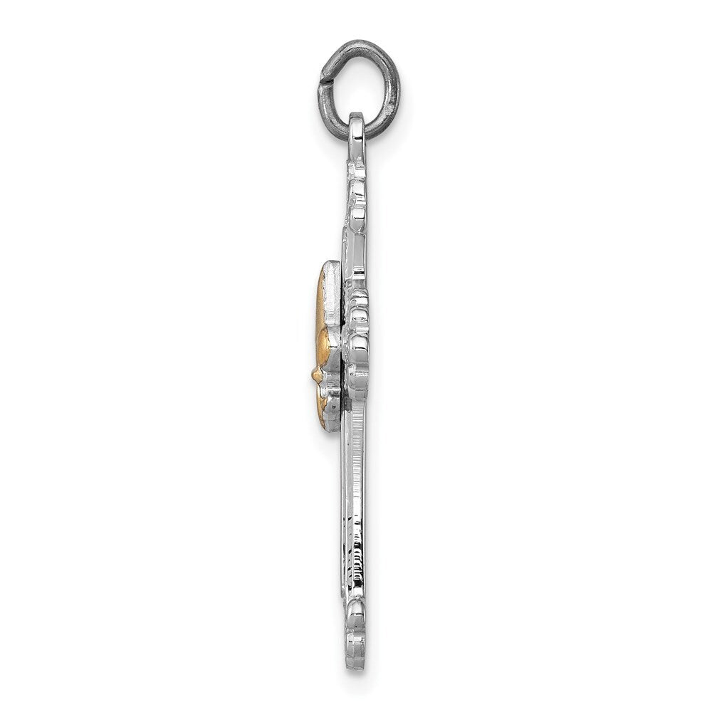 Sterling Silver Rhodium-plated & Gold-plated Cross & Fleur de lis Pendant