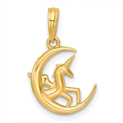 14k Yellow Gold with White Rhodium Polished Unicorn In Moon Charm