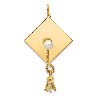 14k Yellow Gold Graduation Cap with FW Cultured Pearl Charm Pendant for Women